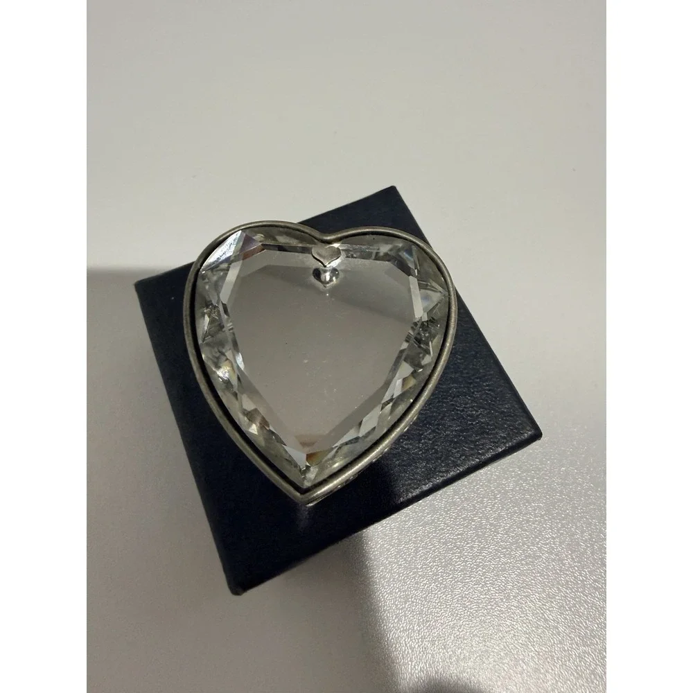 Pewter Tone Finish Hinged Lid Heart Jewelry Trinket Box Mini‎ Crystal Heart Top